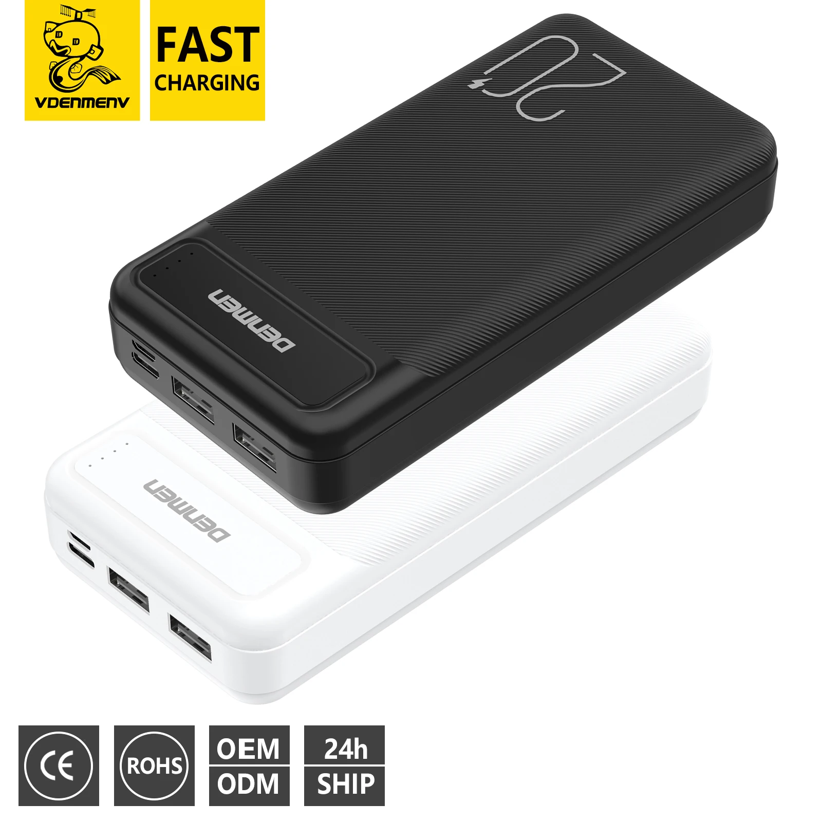 DENMEN Factory Price Customized 20000mah Power Bank High Capacity ABS PC Fireproof  CE Safety Protection Portable Power Bank