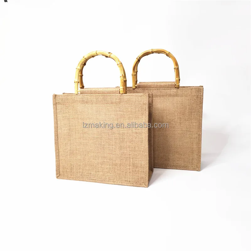 Custom Burlap Tote Bags Jute With Bamboo Cotton Handle Shopping Jute