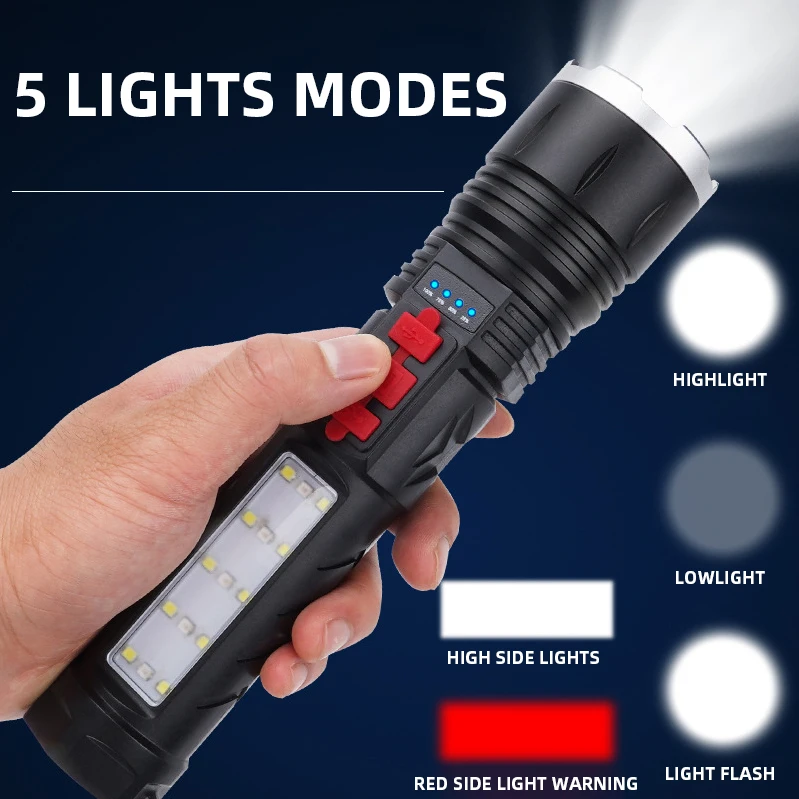 XHP50 Power Display Torch Tactical TYPE-C Side Flood Light 5 Light Modes Camping Aluminum Buzzer Alarm Led Flashlight