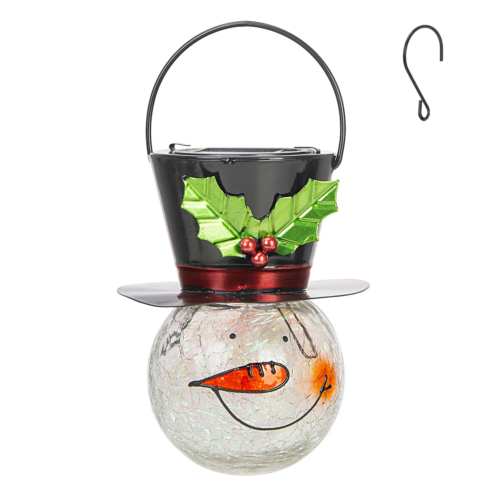 Christmas Hanging Solar Lantern Crackle Glass Snowman Large Leaves