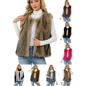 Hot Sale Women's Clothing Faux Fur V-neck Sleeveless Solid Color Women's Vest Artificial Fur Long Fur Jacket Trend Vest