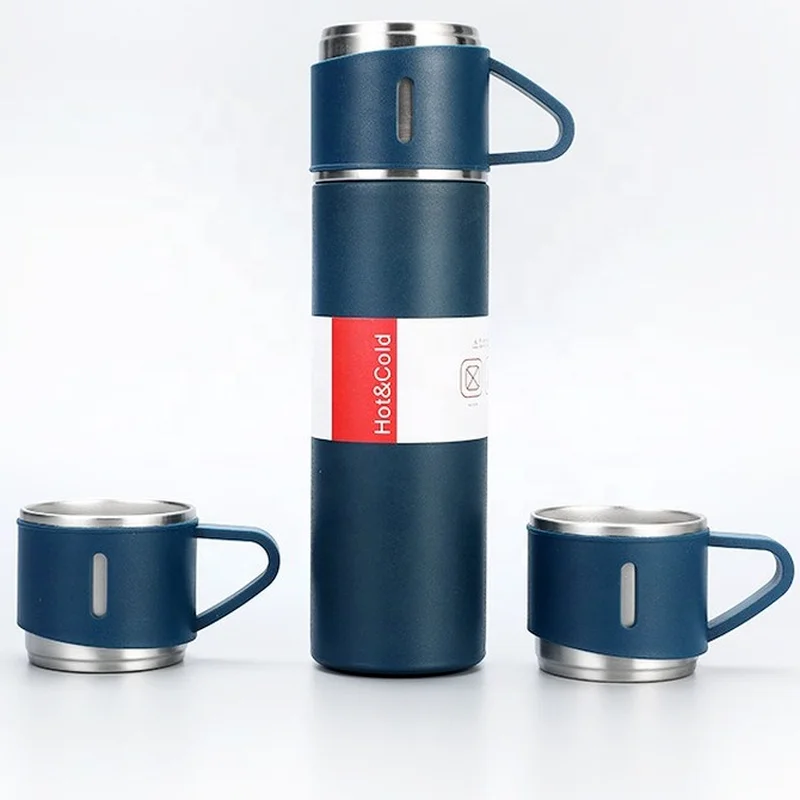 Juego de frascos al vacío, frasco aislado para hombres con juego de regalo de 3 tazas, botella térmica de acero inoxidable reutilizable para actividades en interiores y exteriores (17 onzas líquidas