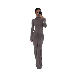 Women's Breathable Satin Maxi Dress Casual Floor-Length Bodycon Long Sleeves Turtleneck Autumn Solid Pattern for Club Natural