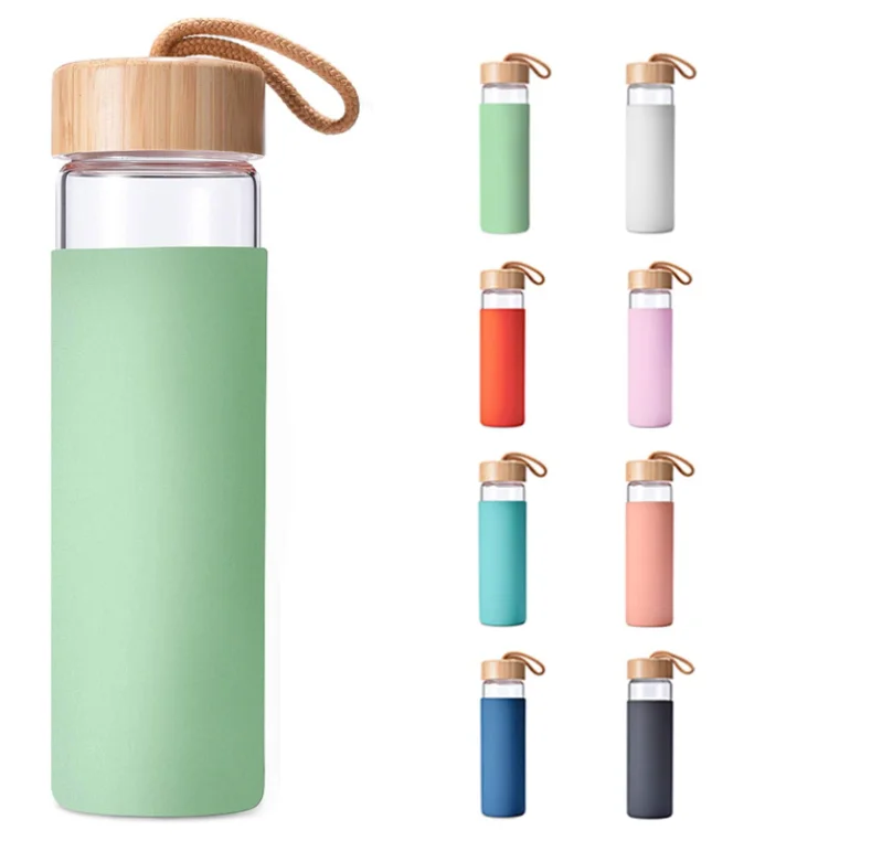 BPA Free Yomious 20 Oz Borosilicate Glass Water Bottle with Bamboo Lid and Silicone Sleeve 