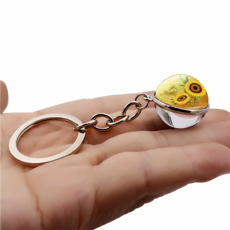 Милый модный женский брелок для ключей LWK70038, подарки, художественная картина, двухсторонний стеклянный шар, Подсолнух, брелок, аксессуары