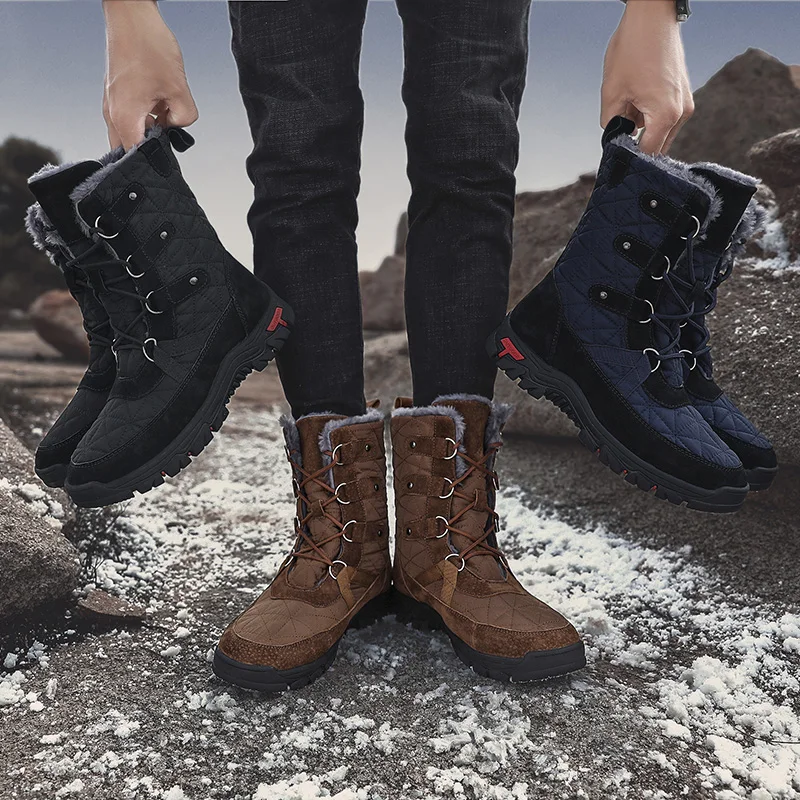 mens boots Oxford Soft Non slip men winter boots custom outdoor Plain ankle Fur Plush warm Leather snow boots for men