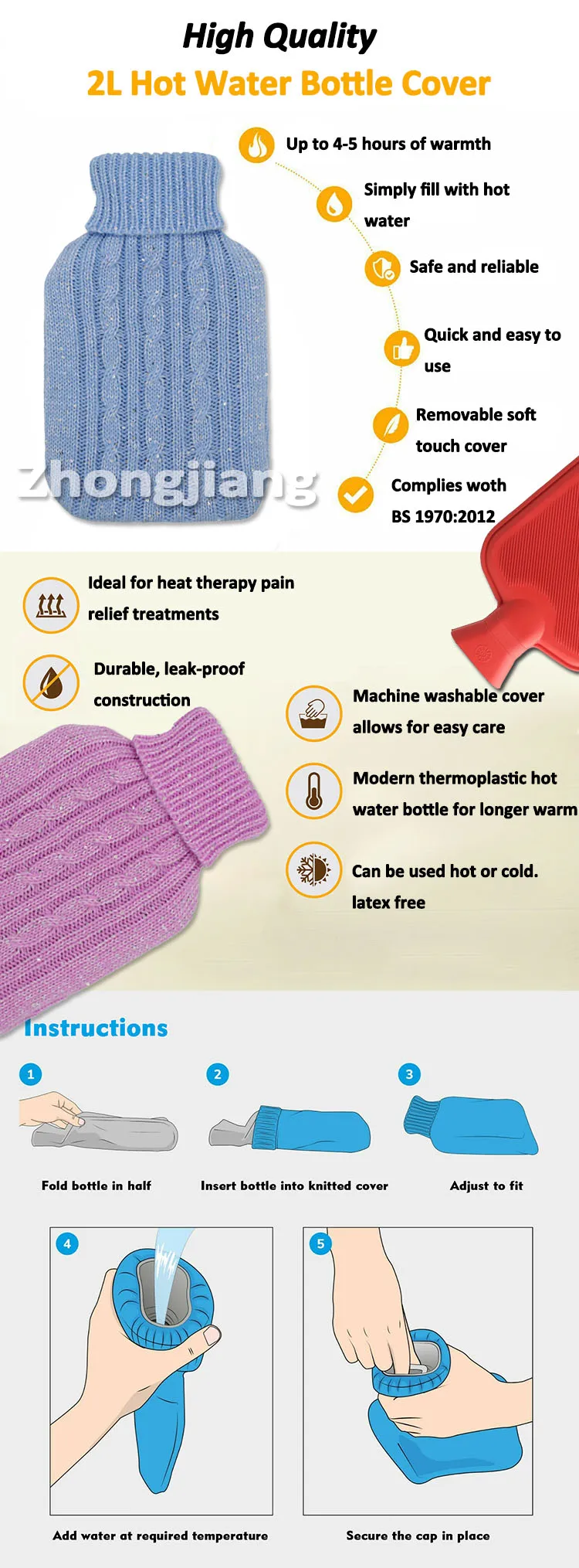 2000ml medical rubber hot water bag removable hot water bottle 2 liter winter warmer anti-scalding knit cover for sample