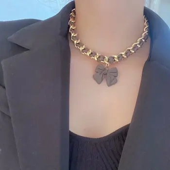 Brown Bow Butterfly Leather Cord Necklace Alloy Thick Chain Gold Necklace Women 2021 New Autumn