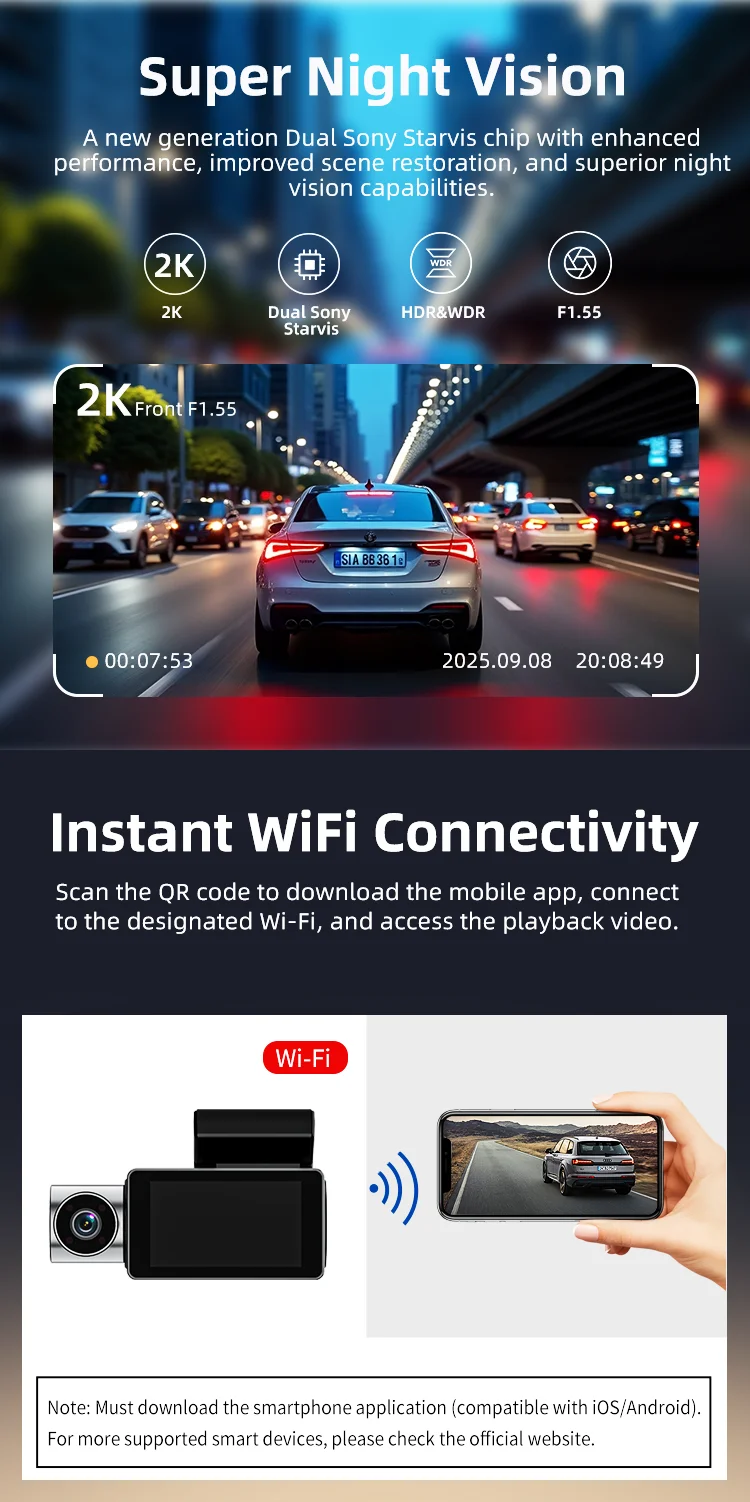 Dash Cam 3 Channels 1080p Drive Recorder Dash Cam 1944P GPS Black Box F1.5 with 3.0 Inches IPS LCD Type-C Power Port for Agent details