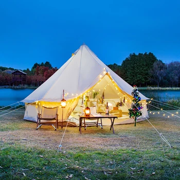 Outdoor Waterproof Four Season Family Camping and Winter Glamping Cotton Canvas Yurt Bell Tent with Mosquito Screen Door
