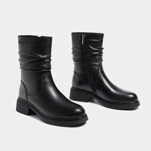 Best-Selling Black Ankle Boots Ruched Detail Classic Korean Fashion Style Formal Leather-Like Material for Autumn Daily Wear
