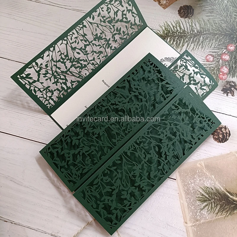 Customized Color Leaves Fold Paper Invitation Cards With Rhinestone And