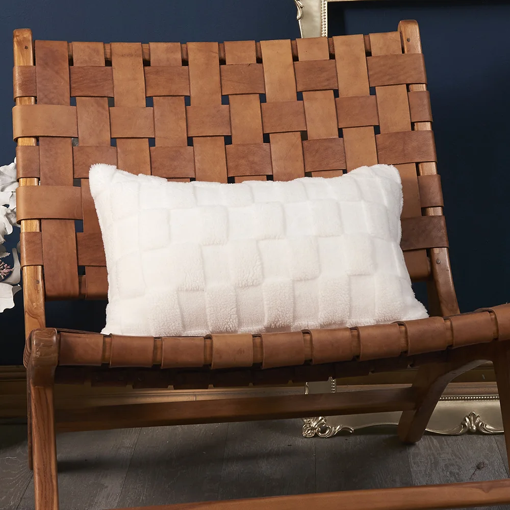 Housse de coussin blanche unie en velours granuleux double face à motif jacquard tridimensionnel pour canapé ou salon_voghion.com