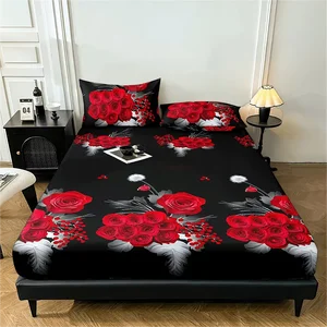 New 3-Piece Set Floral Red Flower and Leaf Printed Fitted Sheet with 2 Pillowcases Geometric Folded Feature Deep Pocket