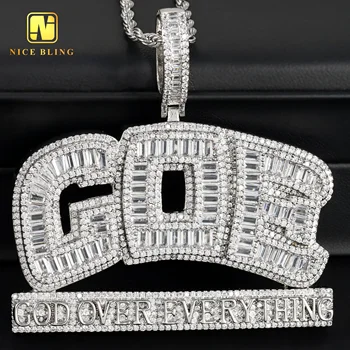 Wholesale custom letter pendant men hip hop jewelry brass cubic zircon pendant iced out GOE God Over Everything