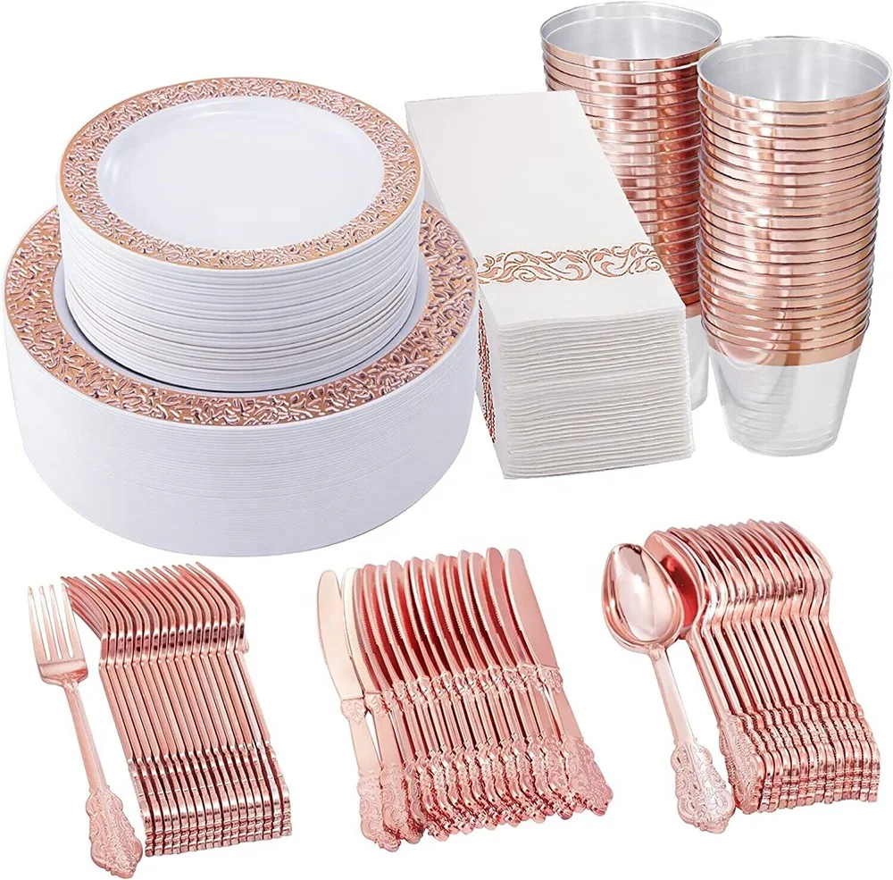 Disposable Rose Gold Plastic Plates Bowls Sets For Party Silverware Napkins Dinnerware Wedding
