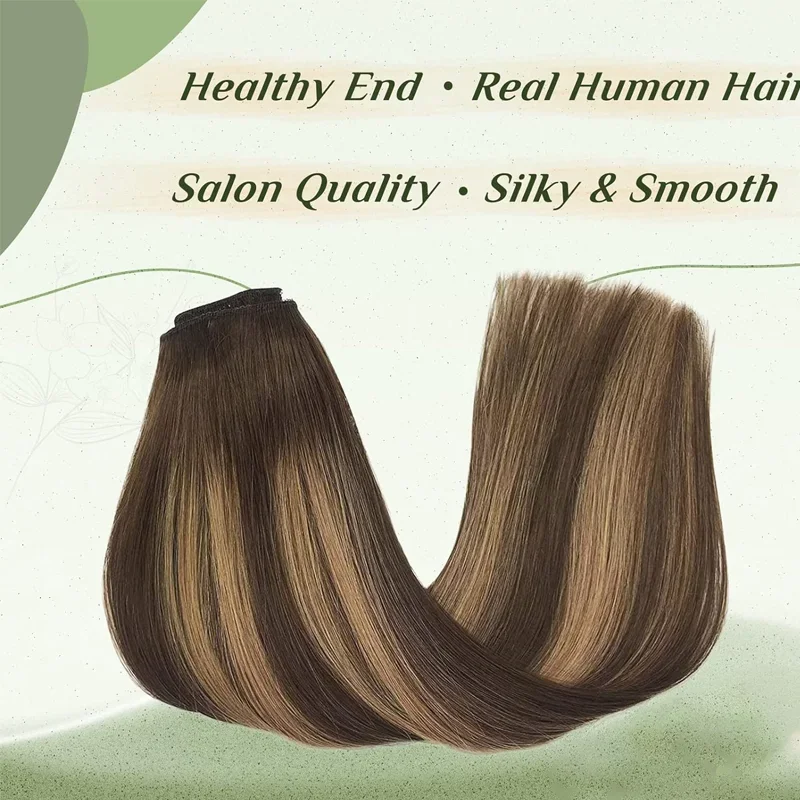 Human Hair Extensions Chocolate Brown Highlight Caramel Blonde Remy Silky Straight Fish Line Hair Extension_voghion.com