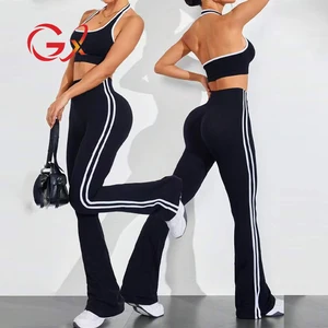 GX25142 Fashion Yoga Wear Women Active Set Sportswear Gym Fitness Zipper Sleeveless Halter Cropped Tops and Pant 2 Piece Set