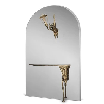 Mystic Boulevards Sculptural Wall Art Console with Mirror and Lamp Gold Brass Wood Stainless Steel for Living Room or Hotel