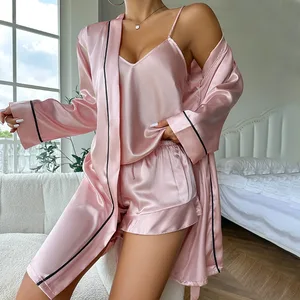 JENGS 2025 Hot Selling Satin Silk Bridesmaid Pajama Women's Halter Shorts Nightgown 3-Piece Robe Set High Quality Comfort Lloungewear