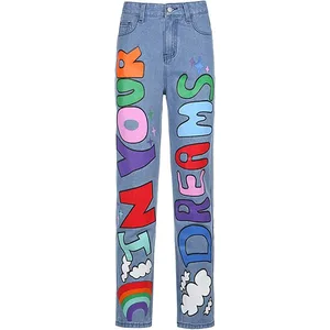 Women Mid Waist Straight Denim Jeans Streetwear Style Bleach Wash Polyester/Cotton Print Cute Denim Jeans Pants