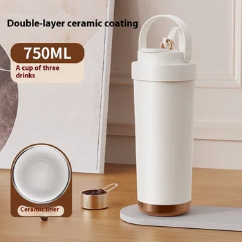 High-End Portable Ceramic Lined Vacuum Handle Thermos Cup Double-Drink Capacity with Suction Lid Modern Design for Coffee Water