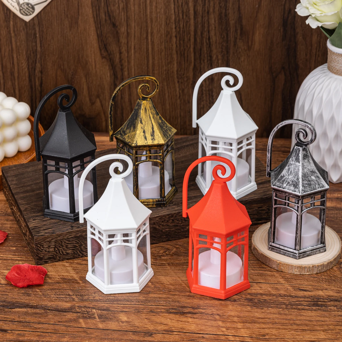 product retro church hexagonal wind light plastic flameless led candle wind light halloween festival retro home decoration light-29