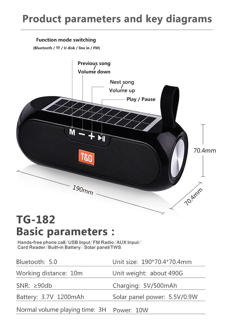 TG182 Portable Column Portable Column WirelessBluetooth Bass Stereo Box Waterproof Outdoor Solar Charging Bluetooth Speakers - ANKUX.COM