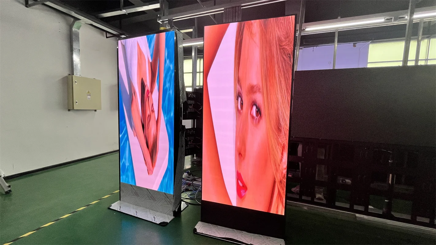 Indoor P1.86 Double Size Easy Moving Full Color 16:9 Board Shop Ground Support Standing Vertical Pusher Frame Led Poster Display