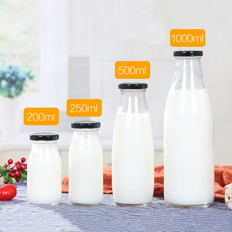 Customized 200ml 250ml 500ml 1000ml clear Round Glass Milk Bottle With Metal Cap