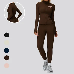 2026 Winter Outdoor Standing Collar Slim Long Sleeve Yoga Zipper Jacket Set Training Women Compression Yoga Set