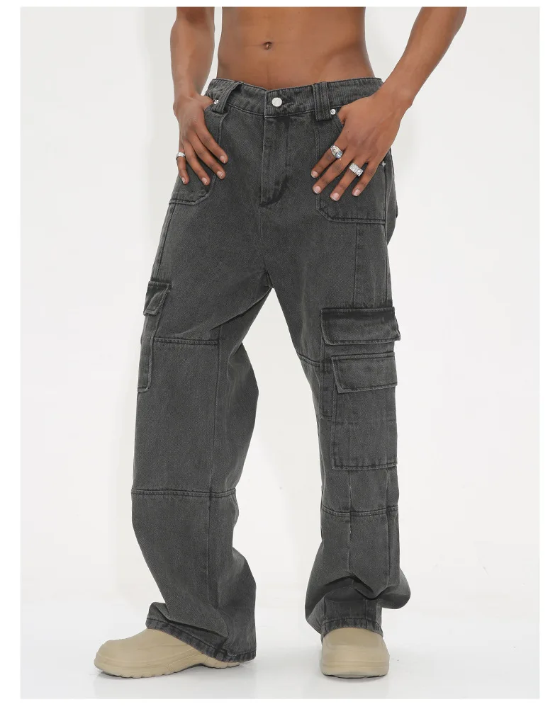 2024 Poches latérales design cargo pour jean gris droit ample gris foncé pour hommes_voghion.com