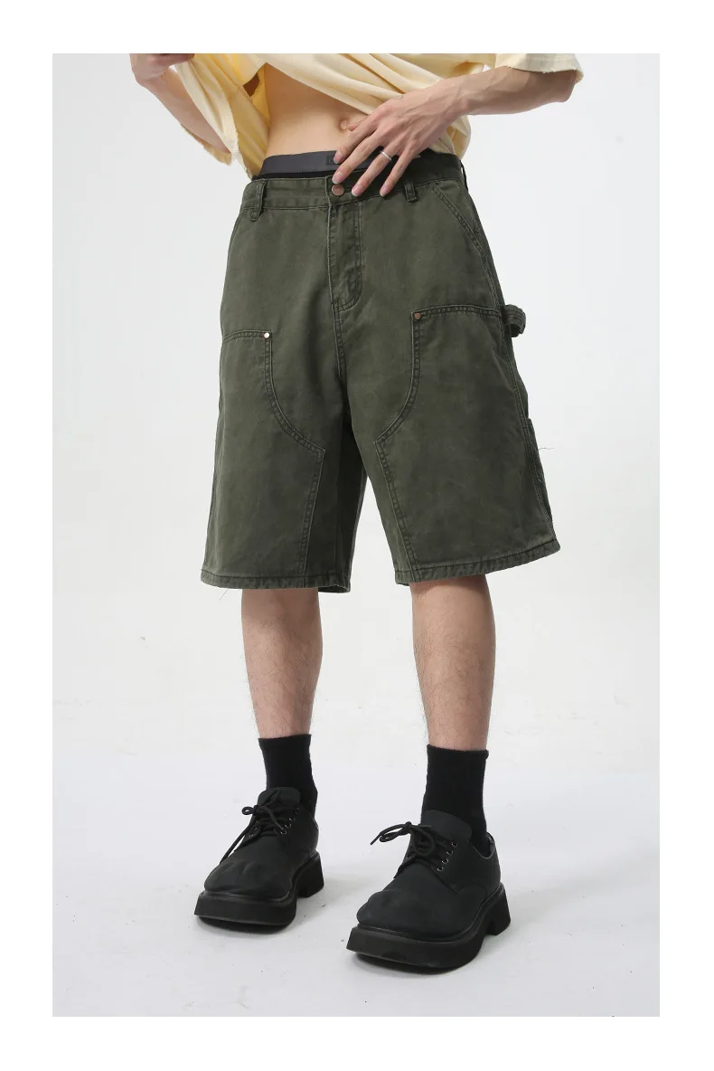 Mens Summer Short Green Straight Loose Wide Leg Washed Workwear Carpenter Style Denim Cargo Shorts Baggy Men Jeans_voghion.com