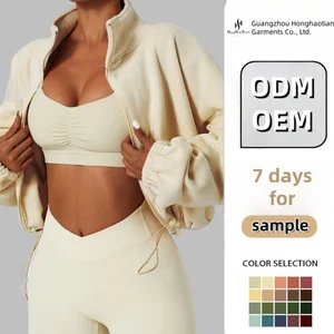 ODM Women's Cropped Fleece Jacket Loose Fit Long Puff Sleeves High Neck Zip up Sports Sweatshirt for Gym Workout Casual Wear