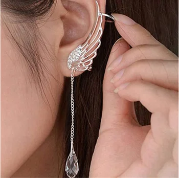 UNIQ Angel Wing Silver Plated Crystal Tassel Chain Drop Ear Cuff Stud Rhinestone Dangle Clip Earrings For Women