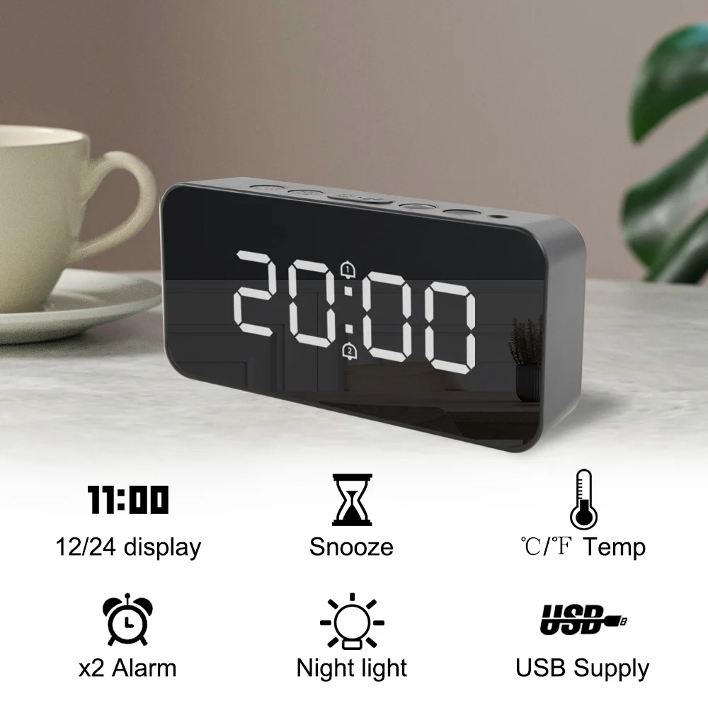 Digital LED Alarm Clock Mirror Electronic Table Watches Home Living Room Modern Design Automatic Backlight Alarm Clock