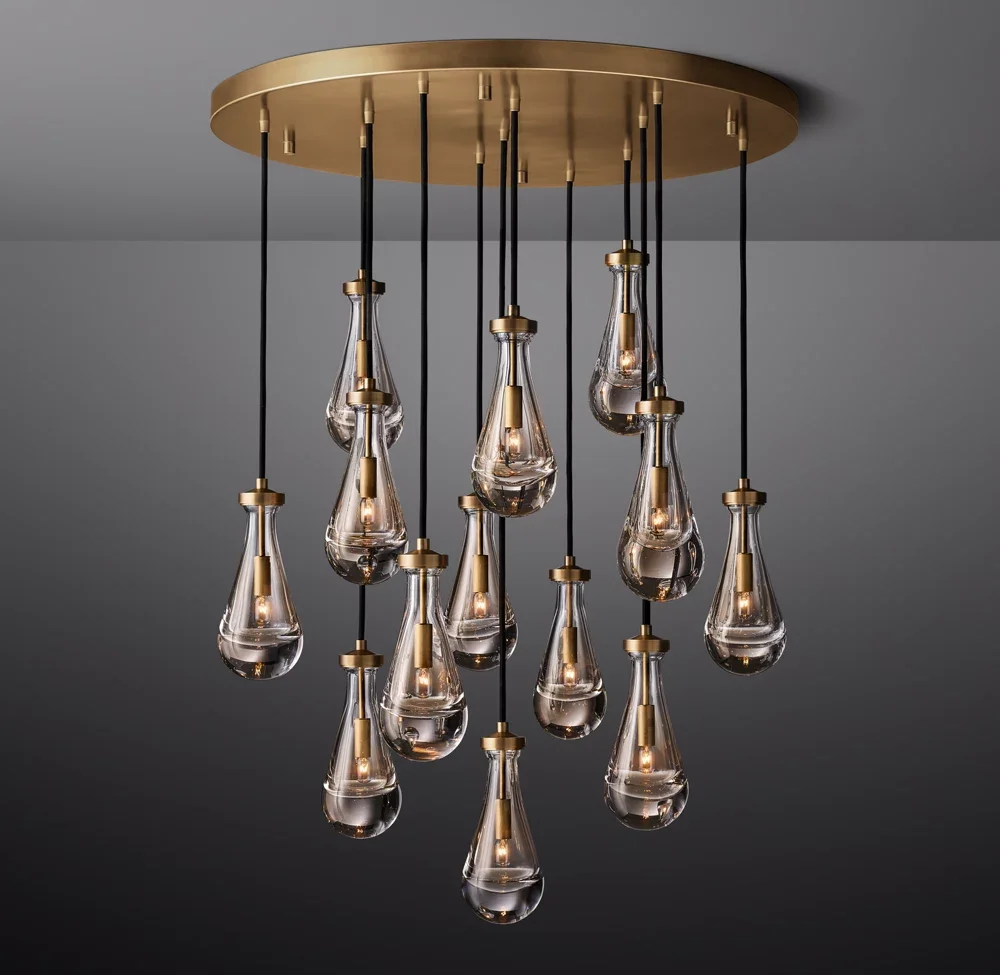 Villa Living Room Dining Room High Ceiling LED Raindrop Pendant Light Antique Brass Glass Chandelier