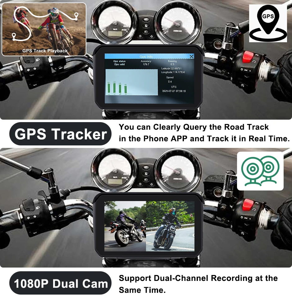 GreenYi 5 Inch Motorcycle Carplay DVR Dash Cam, 1080P Waterproof Camera, GPS Navigation