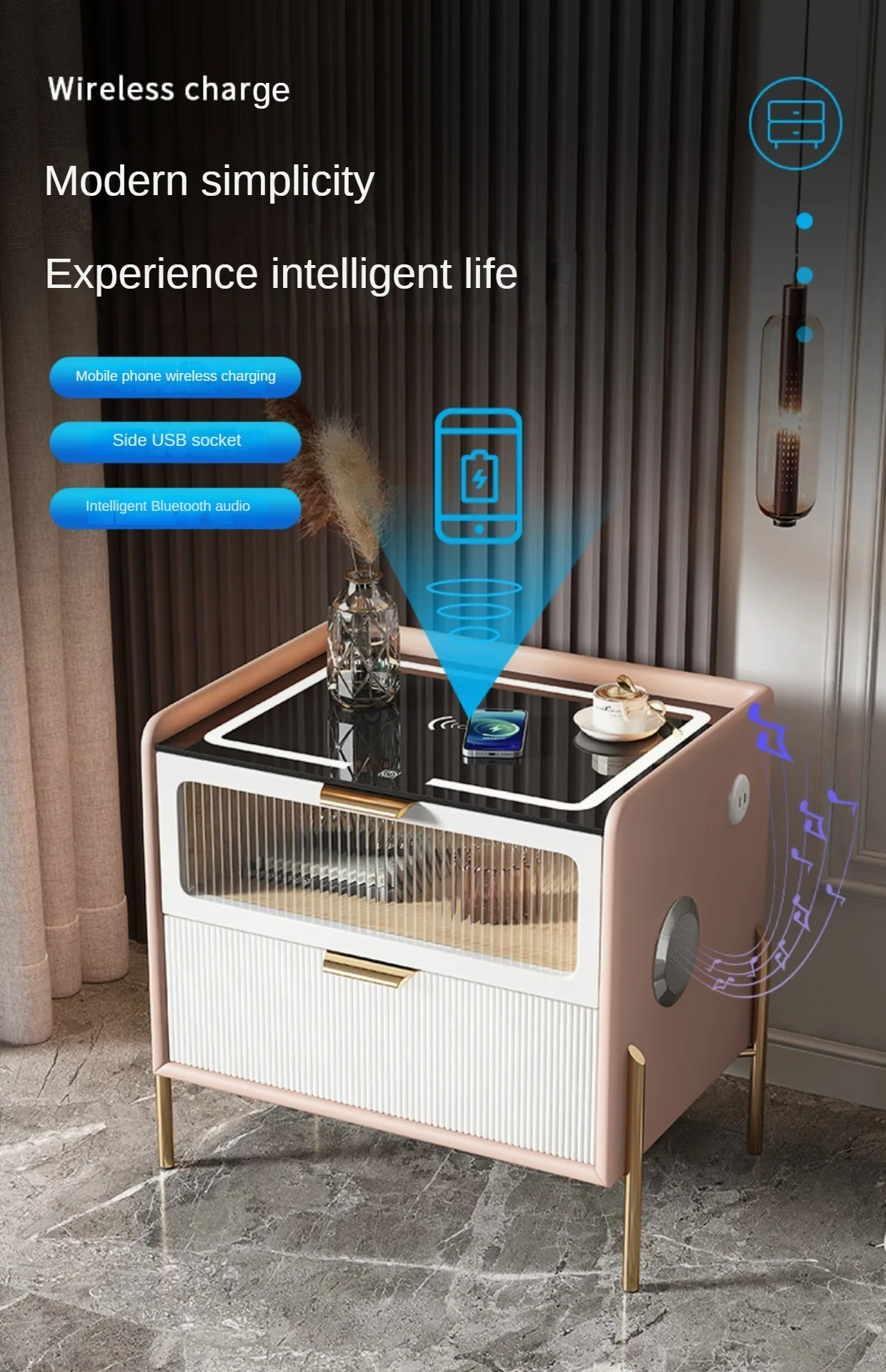 High Quality Smart Bedside Table With Wireless Usb Charging And Speaker
