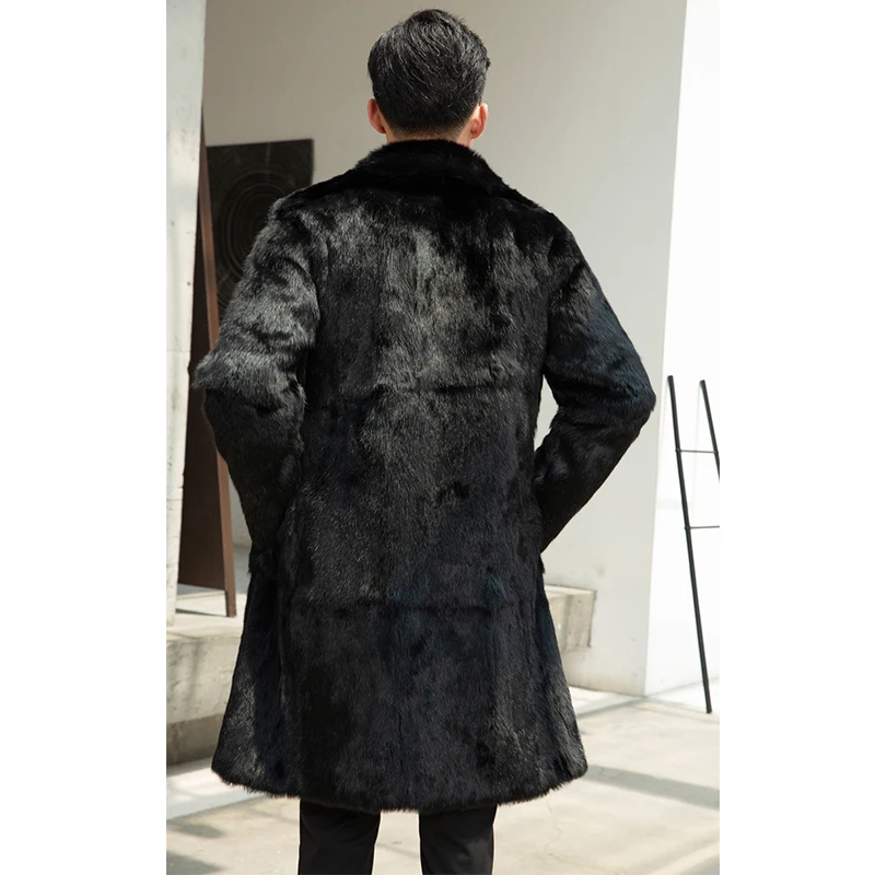 Carter ブラック ラビットファー コート ラペル フロント メンズ