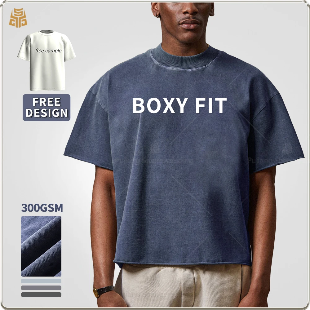 T-shirt ample en coton, impression personnalisée, 300 g/m², lavage vintage à l'acide, t-shirts en coton pour hommes, t-shirts oversize, t-shirt lourd