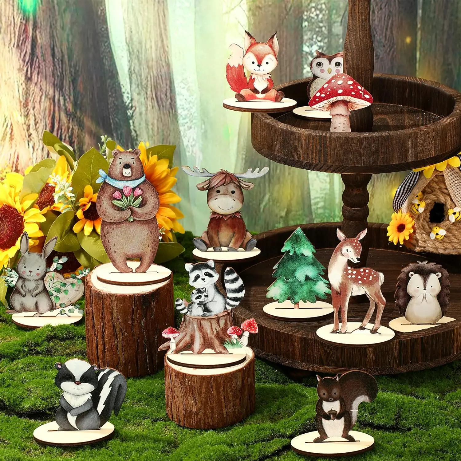 Juego De 12 Adornos De Animales Del Bosque De Madera - Para Centros De Mesa