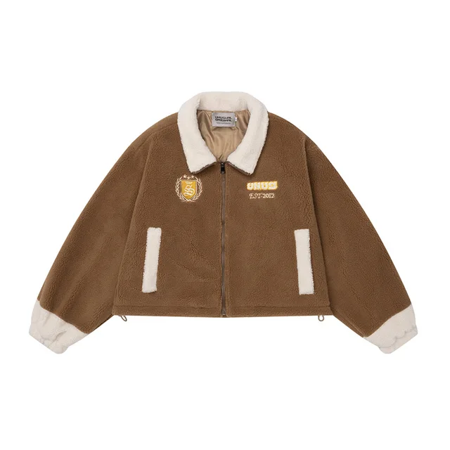 Retro Spliced Lamb Wool Coat Winter Cotton Jacket Loose Short Style With Collar and Plush Cotton Coat Cotton Jacket