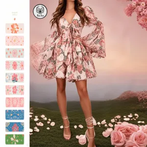 Elegant Bohemian Floral Print High Embroidery Decoration High Quality Long Sleeves Beach Club Casual Style Mini Dress