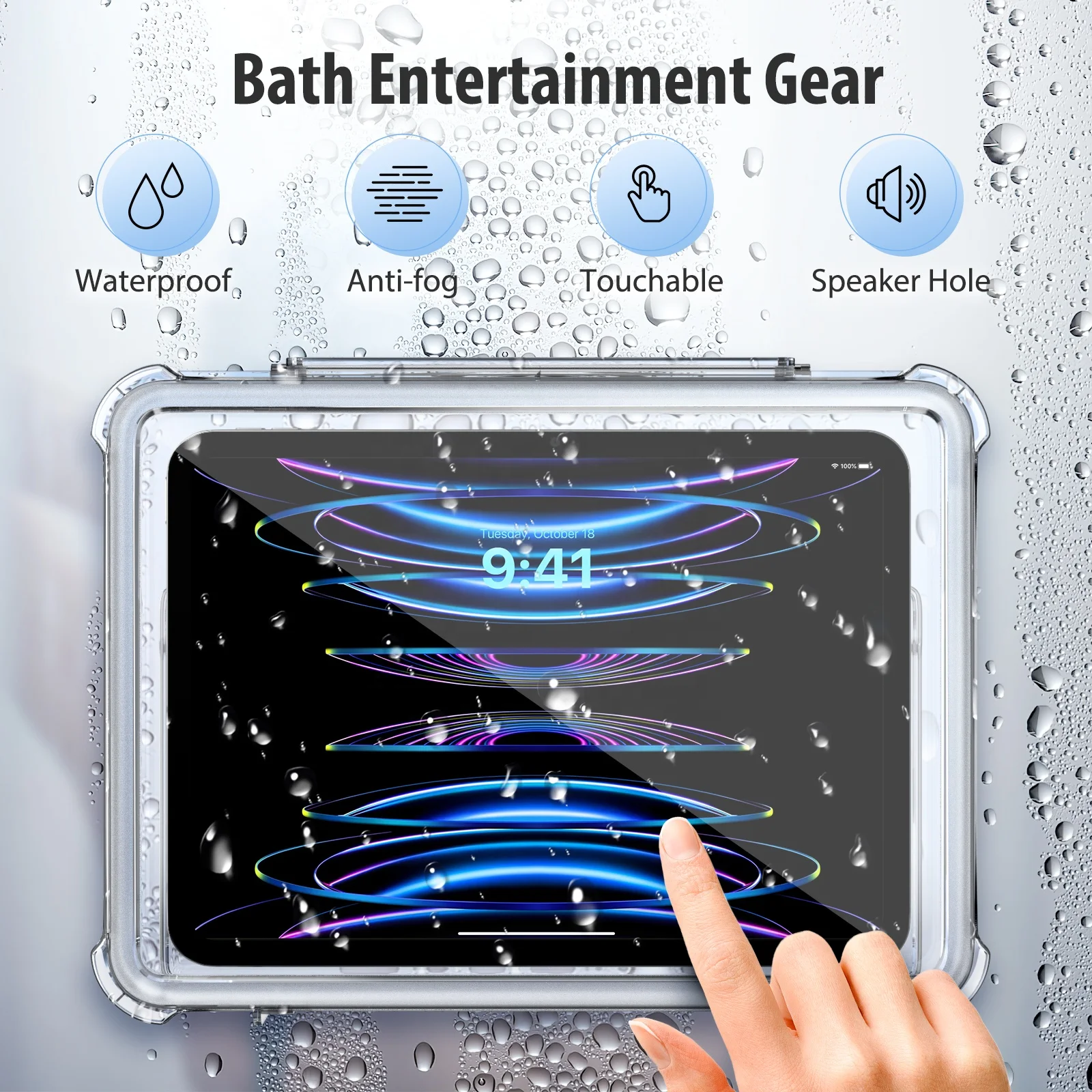MoKo 360 Rotating Clear ABS Anti Fog Touch Screen Water Resistant Bathrooms Shower Kickstand Tablet Holder for iPad Pro 11