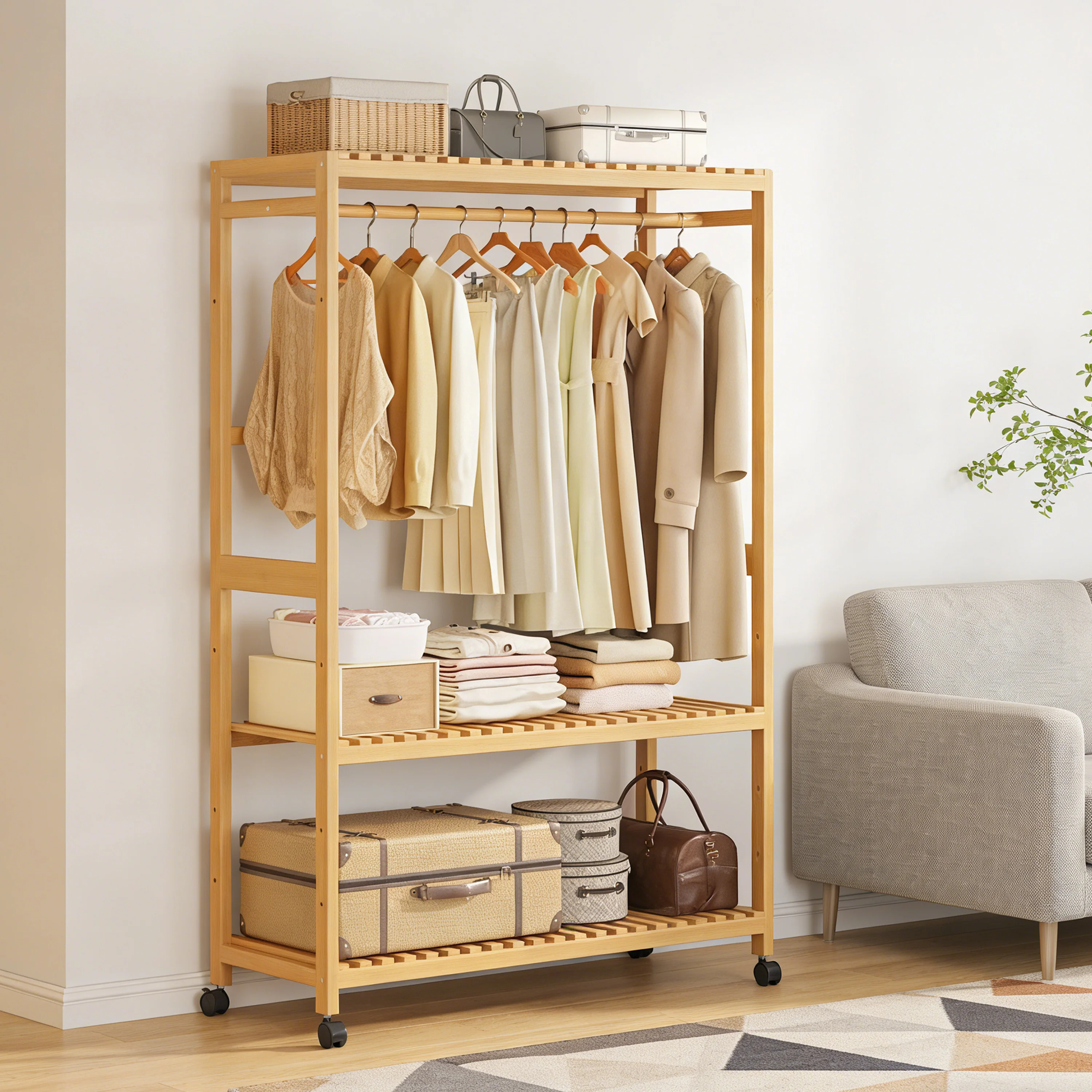 Custom Clothing Organizer Rolling Garment Rack Storage Shelf Portable Closet Organizer Clothes Storage Bedroom Organization
