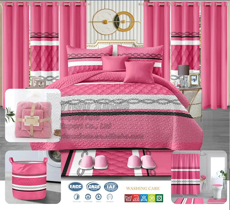 American Model Red Color Bedding Set Luxury 24 Pieces Bed Sheet Bedding Set with Curtains king Size 24 Pcs Quilted Bedspread