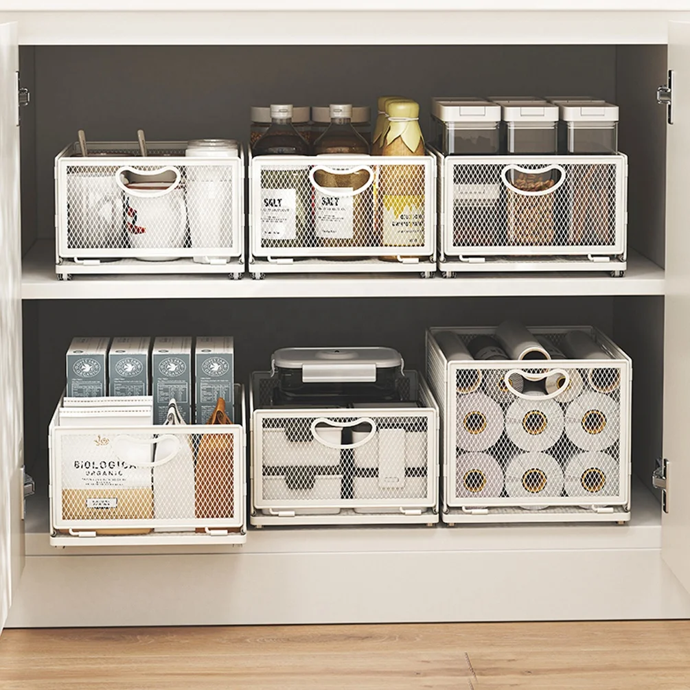 Baoyouni Stackable Under Sink Organizer Metal Wire Storage Drawers Box Foldable Pull Out