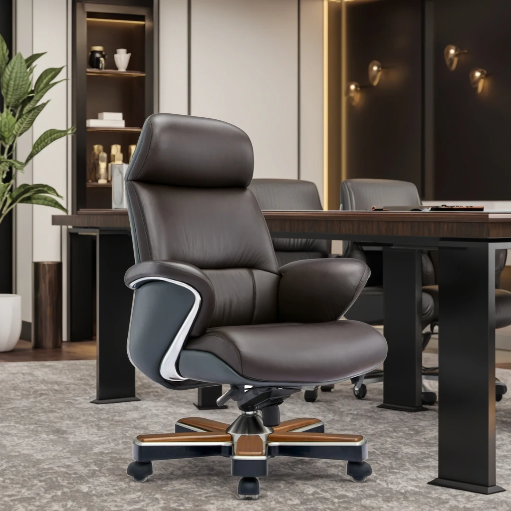 Luxury Modern Leather Executive Chair with Alloy & Wood Hybrid Structure Adjustable Height Nylon Wheels 5