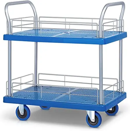 2 Tier Heavy Duty Utility Cart with Handle Bar Serving Cart 300kg Load Double Layer Platform Trolley with Four Wheels